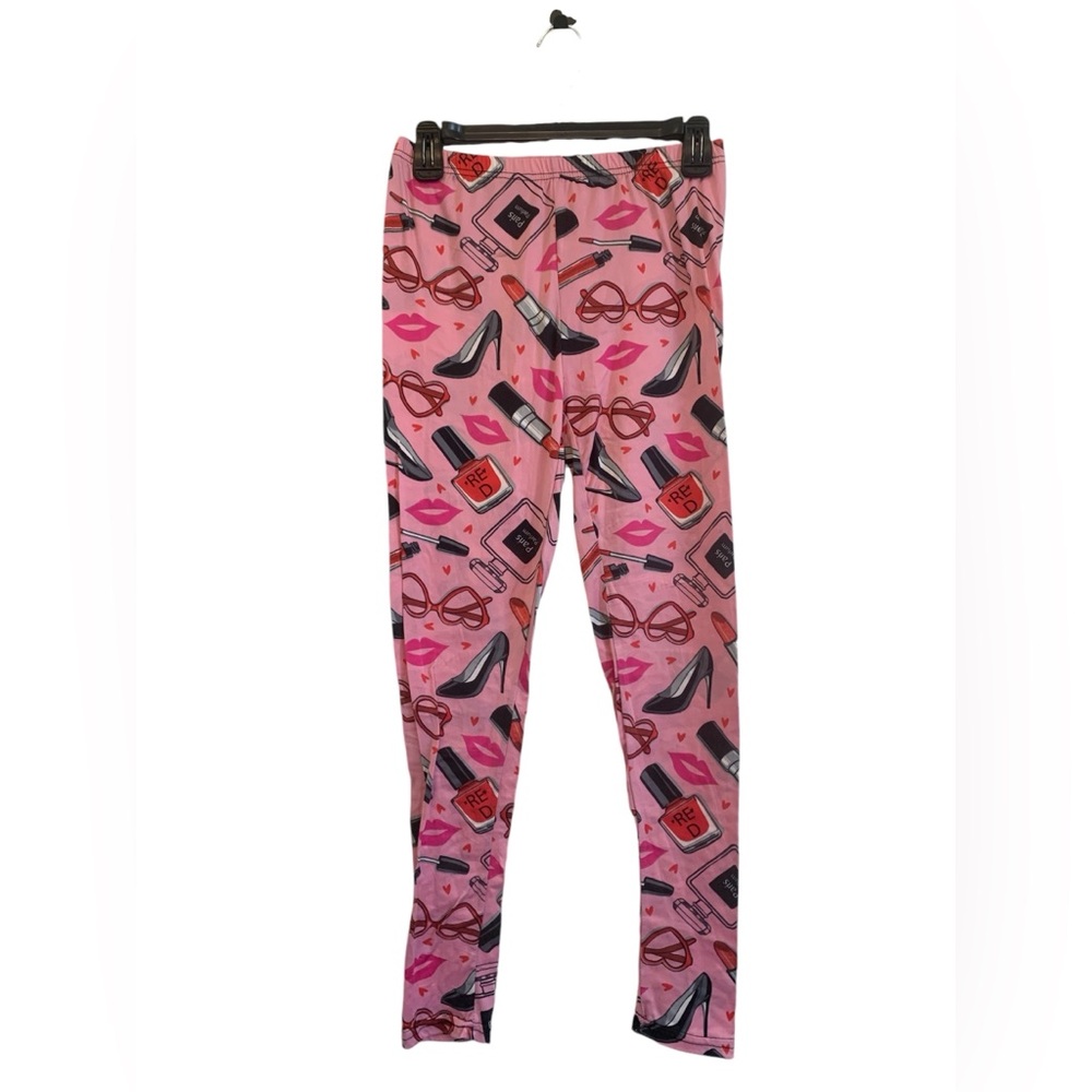 💄Ooh la la! Pink Paris stretchy leggings with makeup and heels print lips hearts
